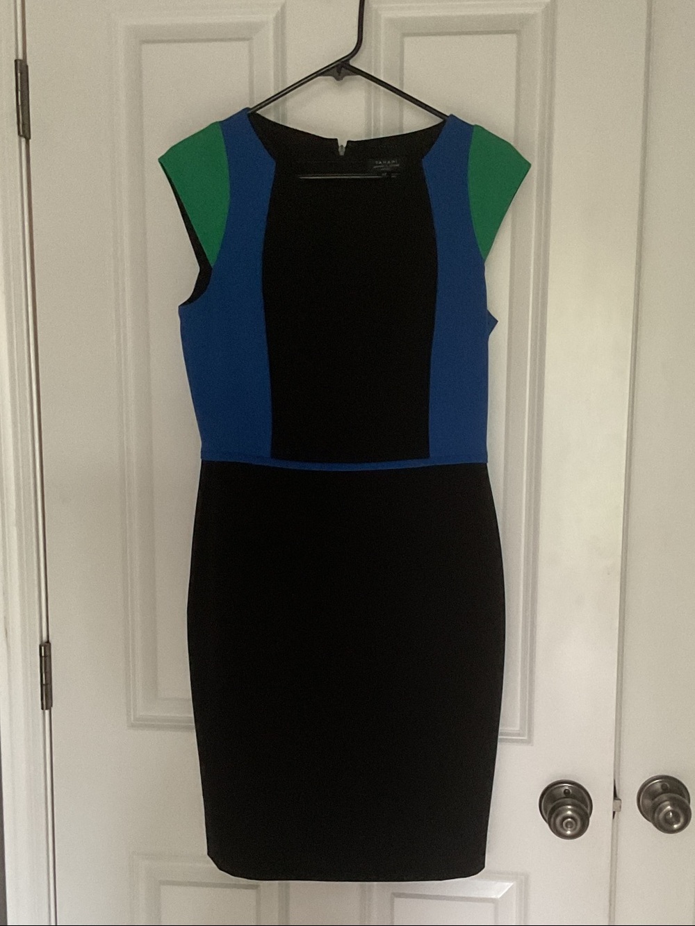 Tahari Woman Black, Blue & Green Colorblock Midi Sheath Dress